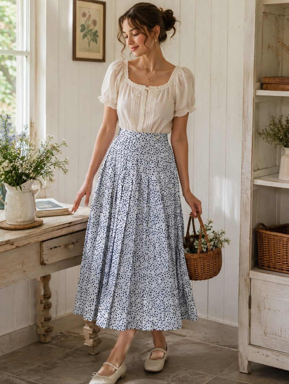 Vintage Josephine Blue Polka Dot Pleated‎ Cottagecore Prairie Midi Skirt 6